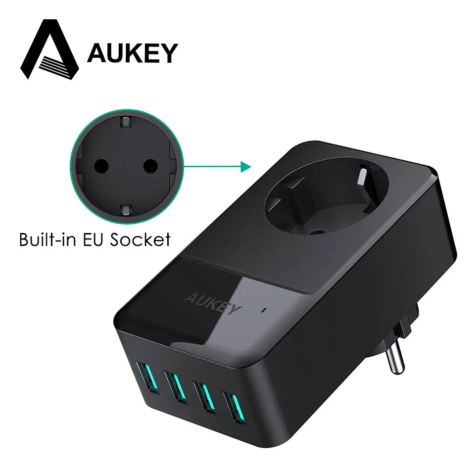 Aukey Travel Multi USB Charger 4 Port Adapter Mobile Phone Smart Wall Charger Fast Charging for Phone With Built in EU Socket