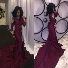 Сексуальные африканских Выпускные платья Burgundy платье-Русалка с длинным рукавом золото Аппликации Часовня Поезд формальный повод вечерние платья