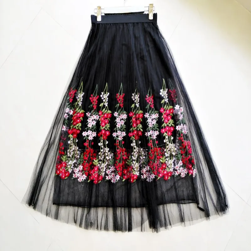 

skirts Spring and summer new flowers embroidery net yarn half skirt fairy long paragraph sweet high waist PenG
