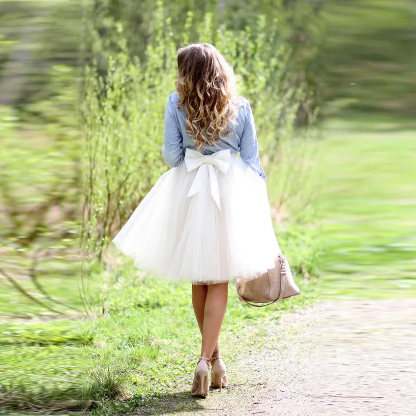 

Cute Big Bow Tulle Skirt A Line Knee Length White Skirt Personalized Skirts Women
