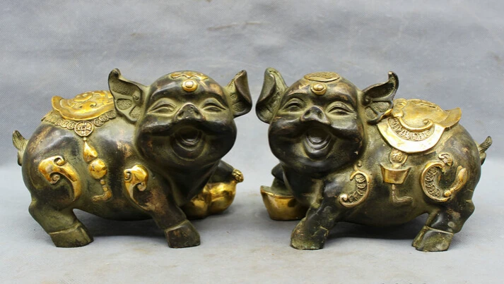 

S5506 8" Chinese Bronze Gilt Year Zodiac Wealth Gourd YuanBao Happy Fu Pig Statue Pair D0318
