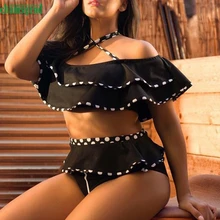 Дамский черный купальник с оборками, большой размер, монокини, бикини, сексуальный однотонный купальник без бретелек, пляжный раздельный купальник