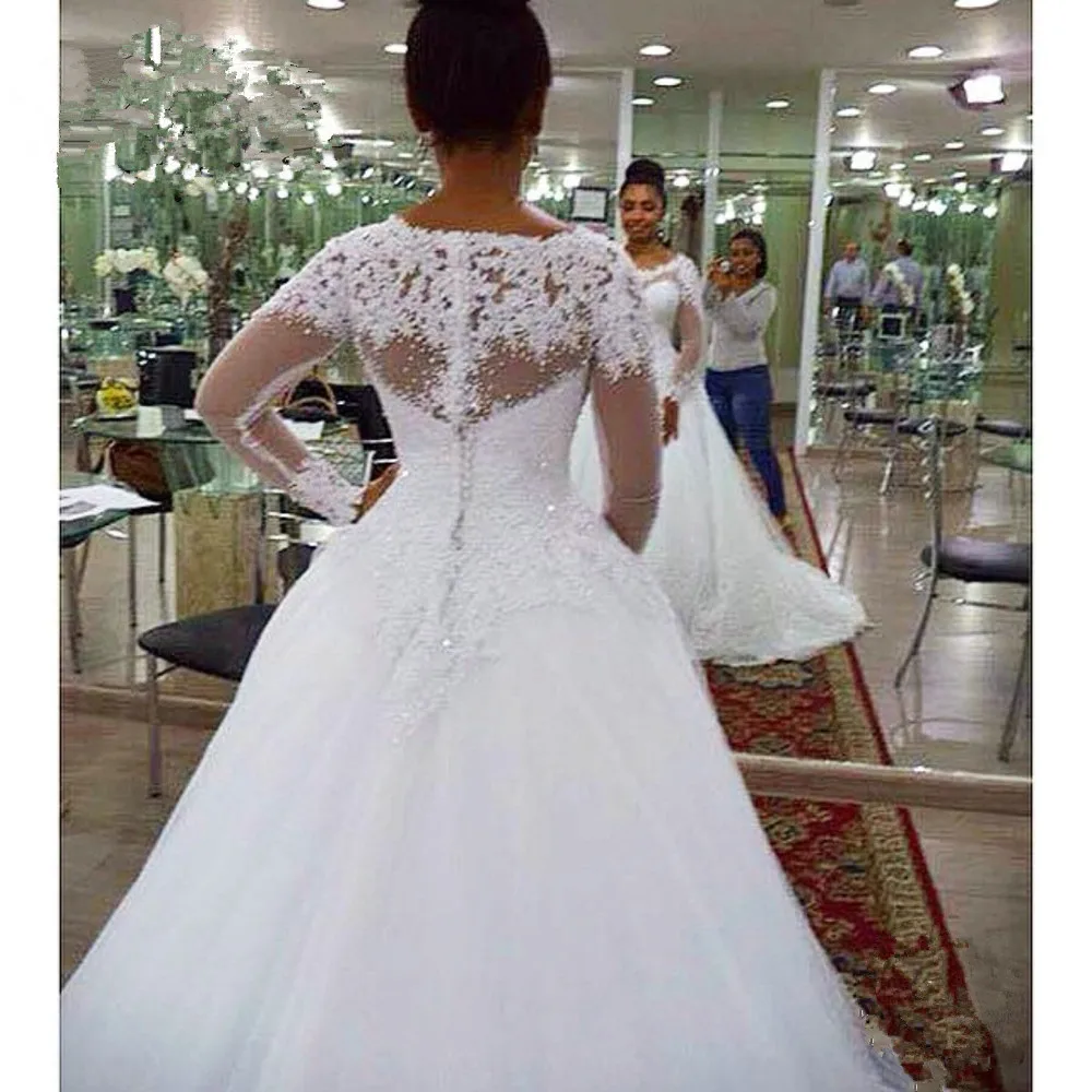 Vestidos de casamento свадебное платье с длинным рукавом и кружевной аппликацией из жемчуга белого цвета Роскошное винтажное свадебное платье размера плюс