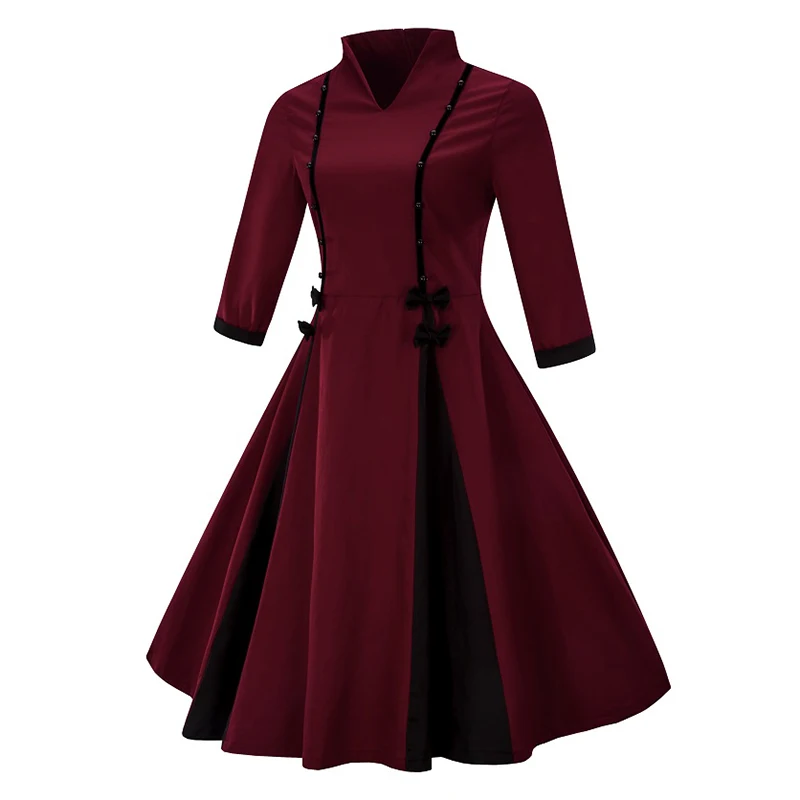 Kostlich 2017 New Autumn Dress Women V-Neck Long Sleeve Hepburn 50s Vintage Dress Patchwork Bow Style Party Dresses Plus Size (6)