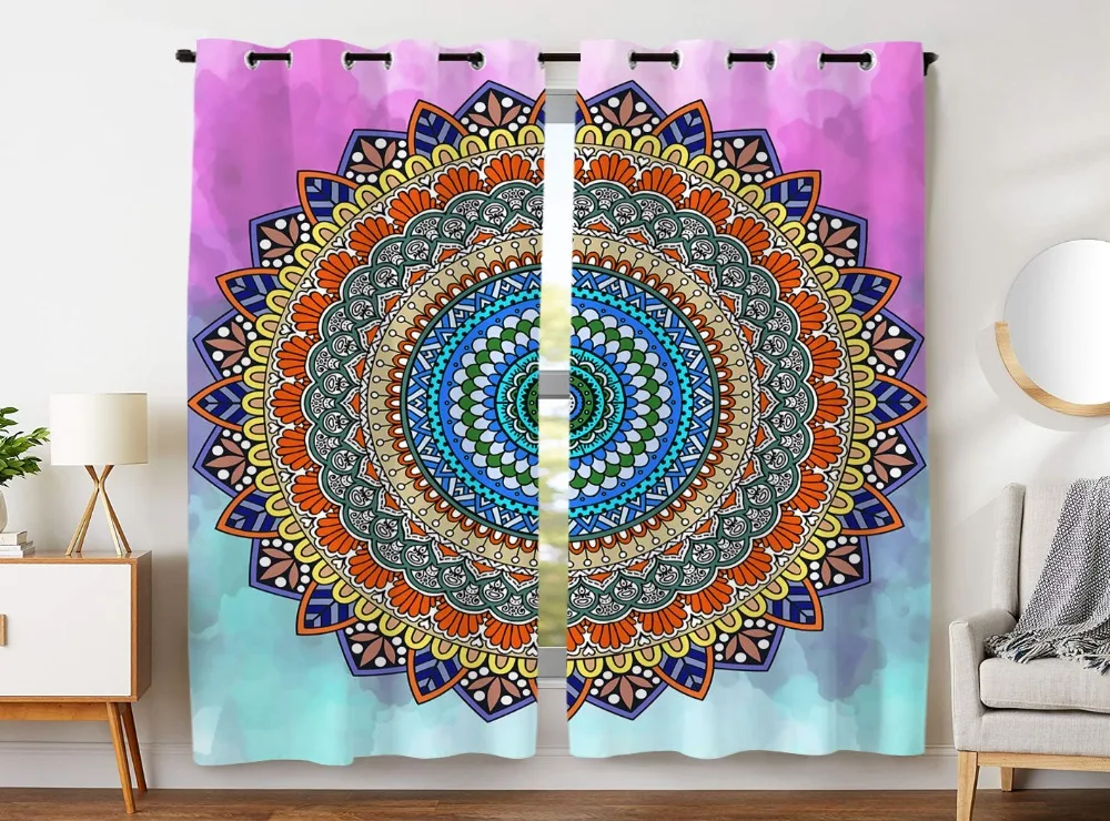 

HommomH Curtains (2 Panel) Grommet Top Darkening Blackout Room Retro Totem Round Colorful