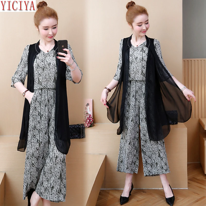 

2 3 Piece Set Women Pant and Top Vest Plus Size Large 4xl 5xl Outfit Co-ord Set Print Floral 2019 Summer Gray Chiffon Clothe