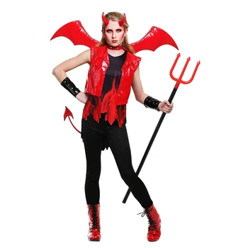 

Limited Full Set Hellish Fashion Demon Fire Girls Halloween Costume Pretty Red Vinyl Devil Outfit