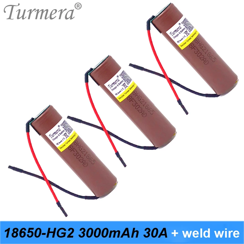 Turmera для HG2 18650 3000mAh перезаряжаемый аккумулятор для электронных сигарет высокоразрядный, 30A высокий ток+ DIY Силикагель кабель fe