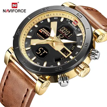 

NAVIFORCE Brand New Men's Watches Sport Military Dual Display Leather Watch Round Waterpoof Multifunction Wristwatch Male Clock