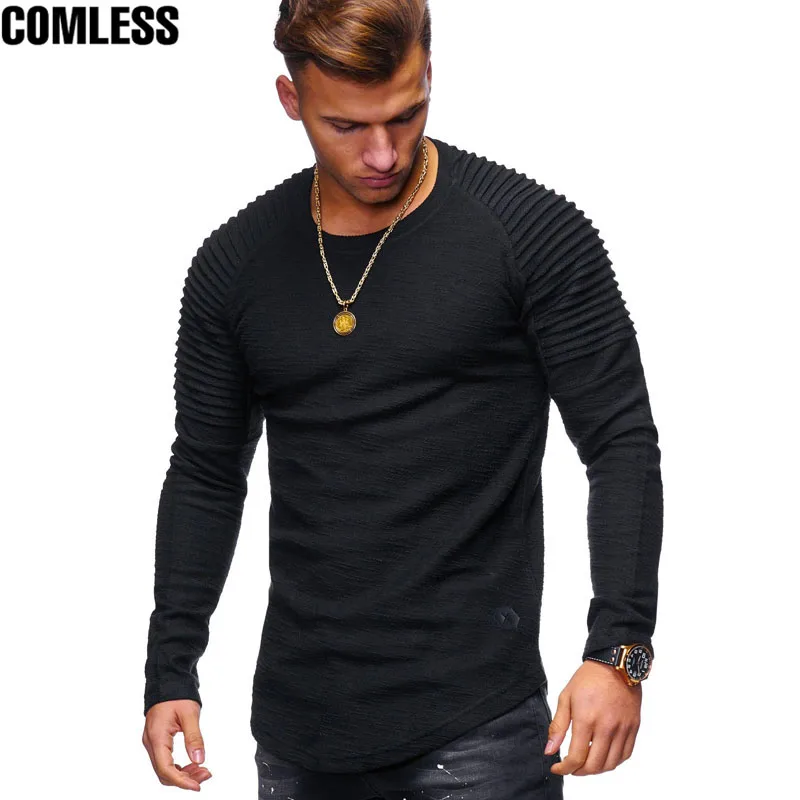 

2018 New Fashion Men's Round Neck Slim Solid Color Long-sleeved T-shirt Striped Fold Raglan Sleeve Style T shirt Men Tops Tees
