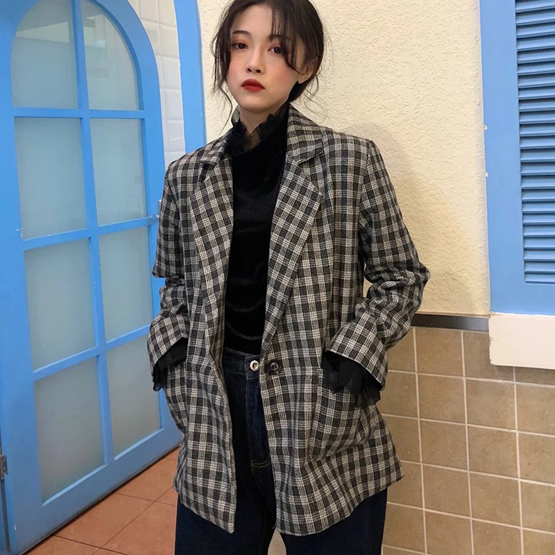 

2019 Vintage Plaid Blazers Women Chic Notched Long Sleeve Single Breasted Pockets Jacket Women Spring Autumn blazers Female