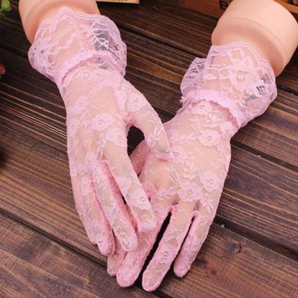 Black Lace Gloves Women 2019 Vintage Elastic Sun Protection Solid Sunscreen Summer Gorgeous Pink Finger Gloves Accessories Sexy