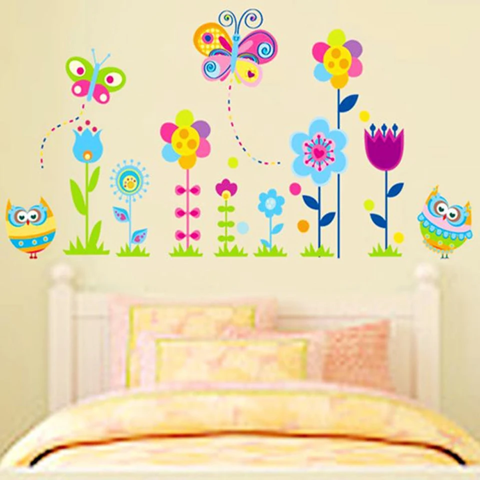 Милые наклейки на стену с изображением совы для детской комнаты, комнаты для девочек, украшения для спальни, дерево, цветы, наклейки на стену, украшение детской комнаты