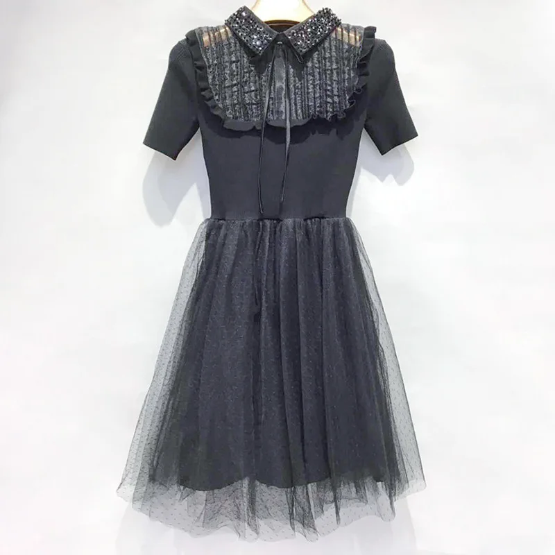 

New 2019 Summer Autumn High Quality Sweater Dress Turn-down Collar Tull Mesh Patchwork Short Sleeve Vintage Knitted Dress Girls
