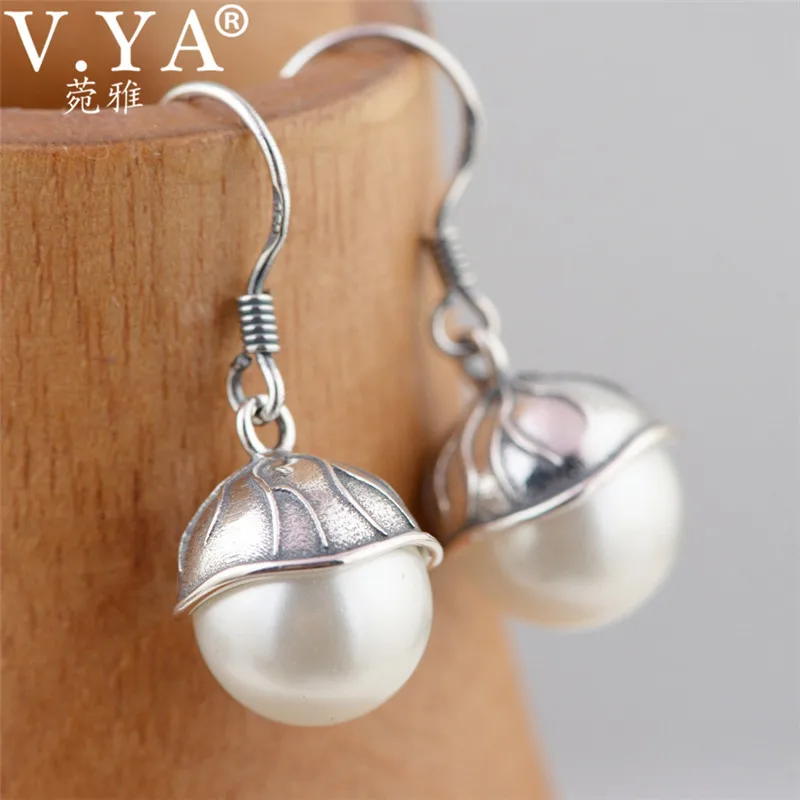 

V.YA Solid 925 Sterling Silver Drop Earrings for Women Ladies Lotus Leaf & Pearl Earrings S925 Silver Jewelry Best Gift