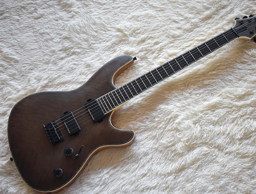 

Factory Custom Brown Electric Guitar with Special Veneer,Neck and String-Thru Body,Black Hardware,Can be Customized