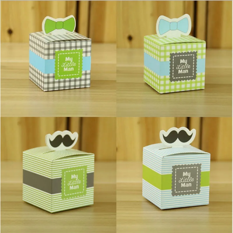 

100pcs Plaid Striped Moustache Bowknot "My Little Man" Baby Shower Candy Boxes Birthday Party Gifts Box Giveaways Box
