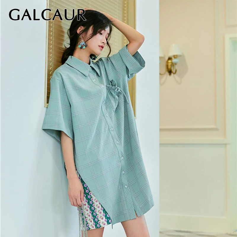 

GALCAUR Print Plaid Patchwork Shirt Dress For Women Lapel Collar Short Sleeve Side Split Casual Dresses Female 2019 Fashion