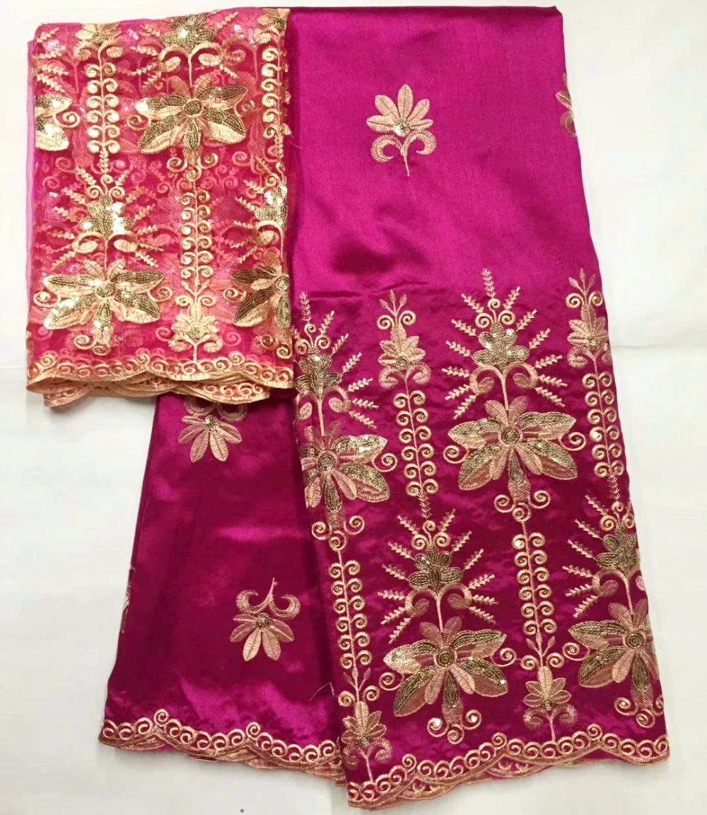 

Newest African Sequined George Lace Fabric 5 + 2 Yards net lace Set For Women Wedding Dress Fabrics Fuchsia George Silk Lace