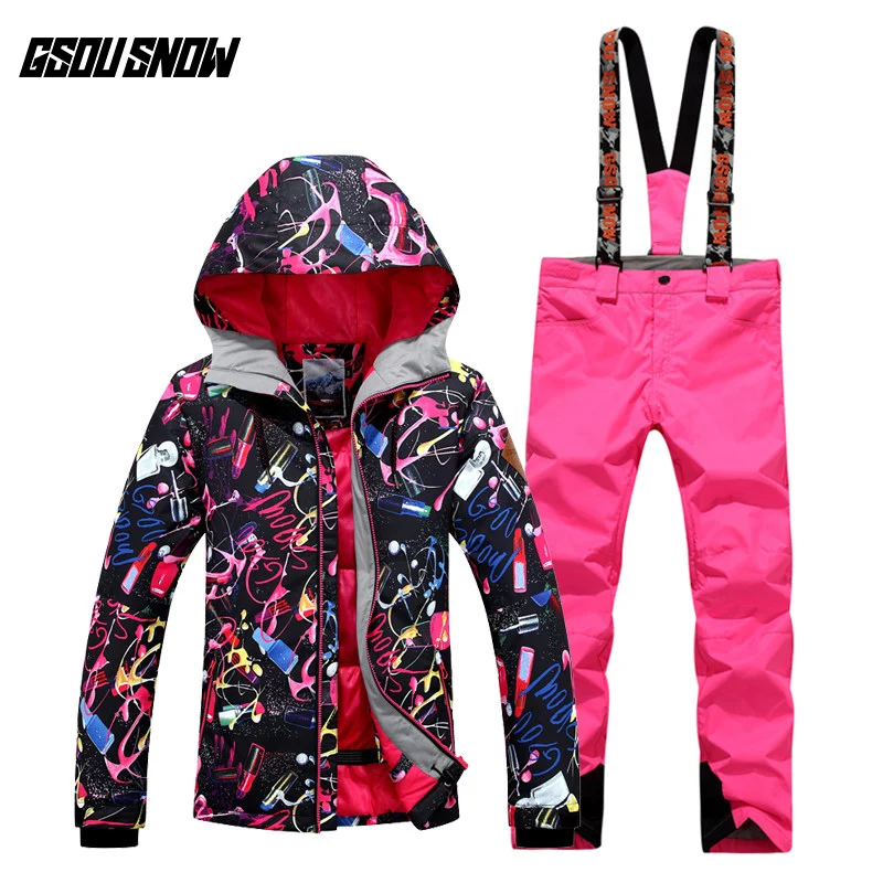 

GSOU SNOW 2017 Colorful Women's Ski Suit Outdoor Windproof Waterproof Warm Breathable Double Single Board Ski Jacket+Ski Pants