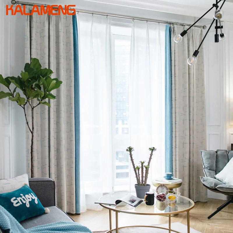

Simple Modern Curtain For Bedroom Drapes Blackout Curtains Blue Home Grid Geometry Window Living Room Textile Chinese AXY8013