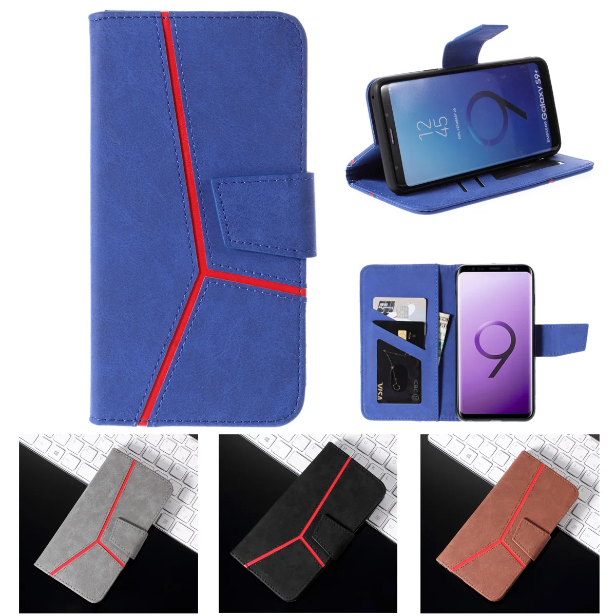 

For Samsung galaxy S8 S9 Business stitching wallet Leather Samsung galaxy S8 S9 Plus PU luxury Flip cover card slot stand case