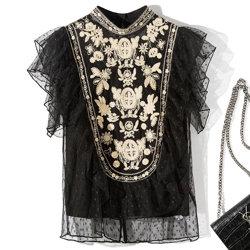 

Elegant Embroidery Shirt Women Stand Lace Polka Dot Batwing Sleeve Ruffles Folk Blouse Female Spring and Summer Black Shirt