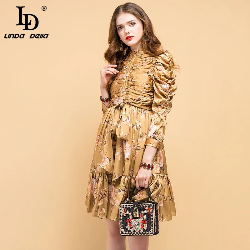

LD LINDA DELLA Fashion Designer Autumn Dress Women's Front Self Tie Ruffles Draped Floral Print Elegant Party Vintage Dress