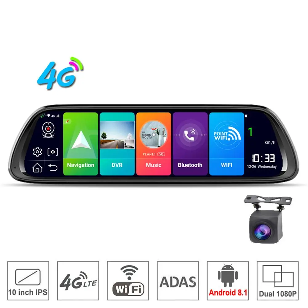 Видеорегистратор автомобильный 4G ADAS 10 дюймов Android 8 1 зеркало заднего