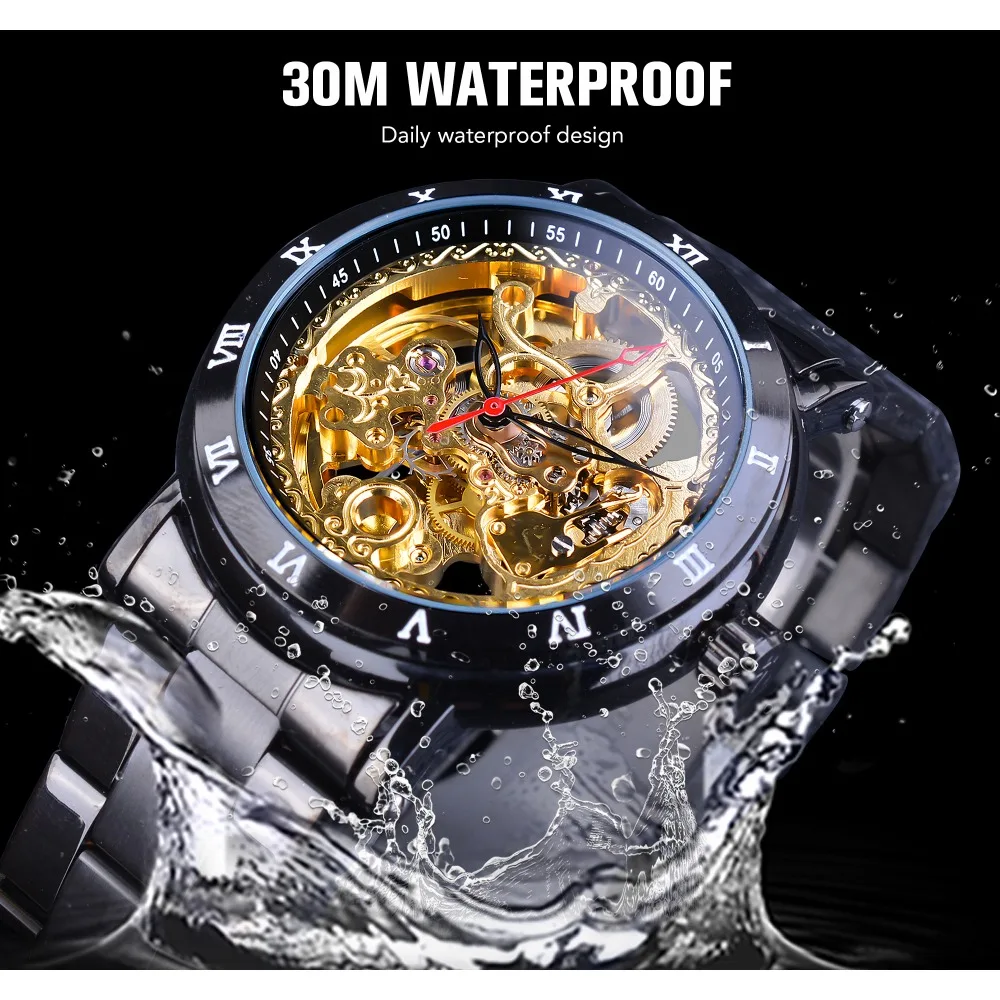 Forsining Retro Royal Flower Golden Skeleton Clock Red Black Pointers Stainless Steel Mens Automatic Watch Top Brand Luxury