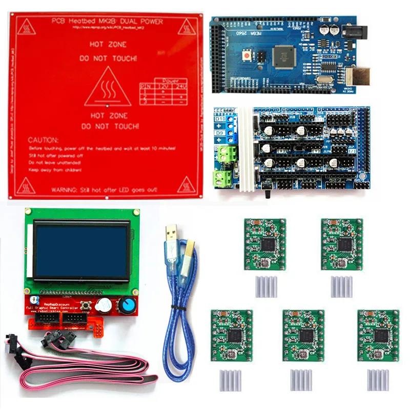 Ramps 1,6 комплект 1 шт. Мега 2560 R3+ 1 шт. Ramps 1,6 контроллер+ 5 шт. A4988 Драйвер шагового двигателя Модуль+ 1 шт. ЖК-дисплей 12864+ MK2B 3D-принтеры Запчасти