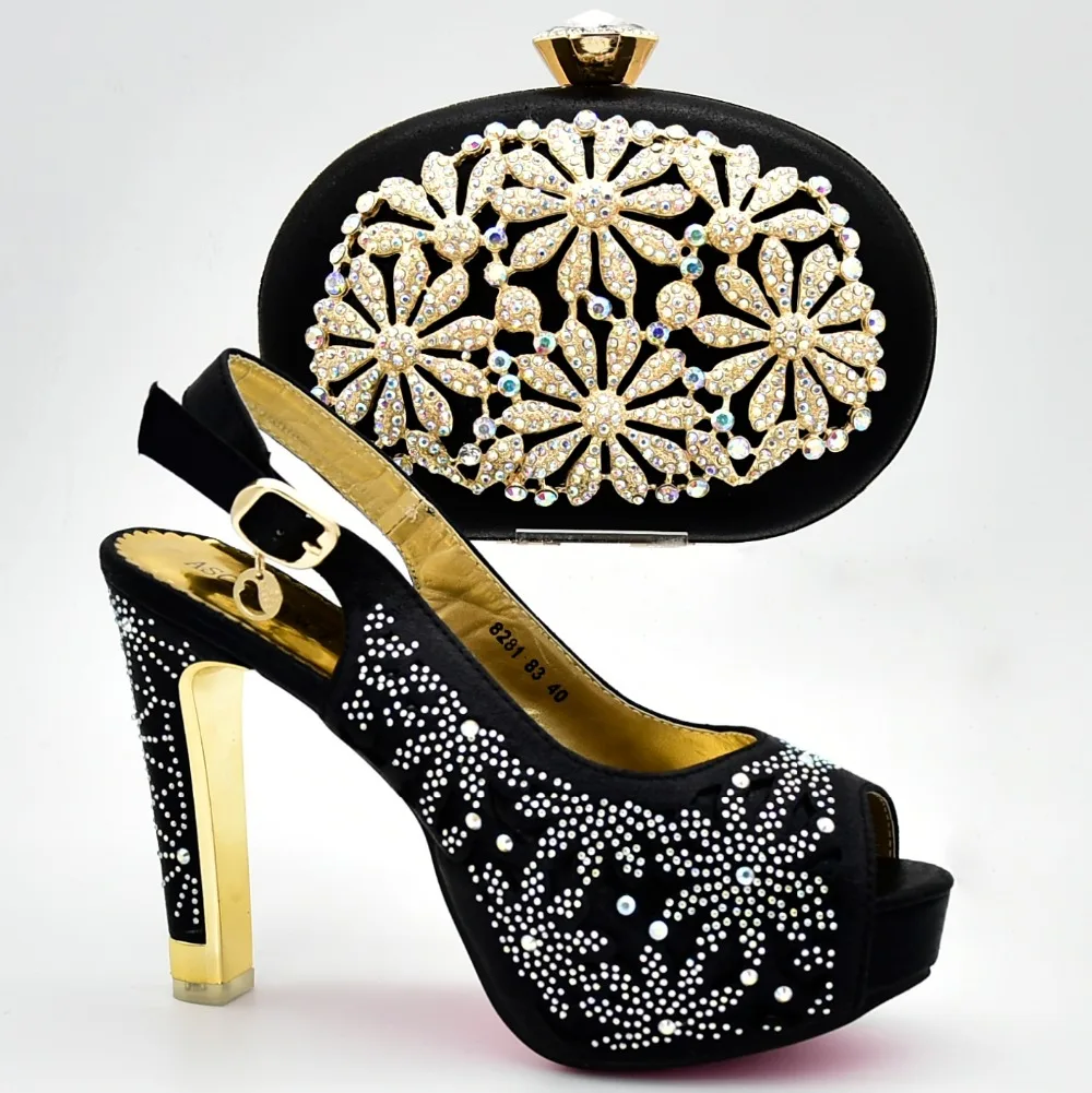 

Excellent black high heel party shoes and evening bag set with rhinestones for fashion lady 8281-83 many color
