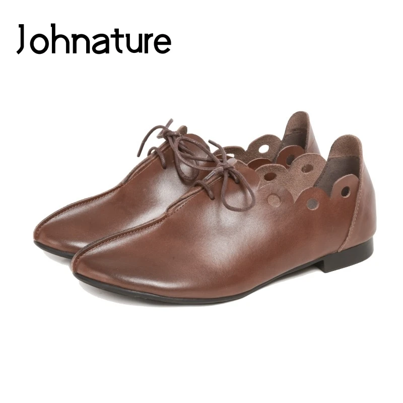 

Johnature 2019 New Spring/Autumn Handmade Genuine Leather Casual Round Toe Lace-up Shallow Retro Cross-tied Flats Women Shoes