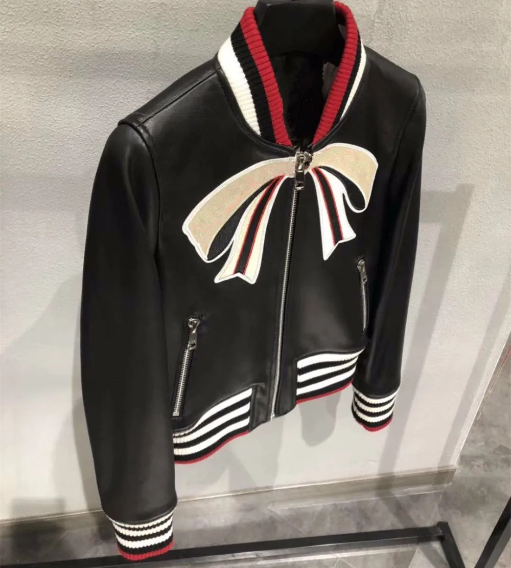 Women real sheepskin jackets coat embroidered bow bomber jackets high quality real leather jackets short coats D616