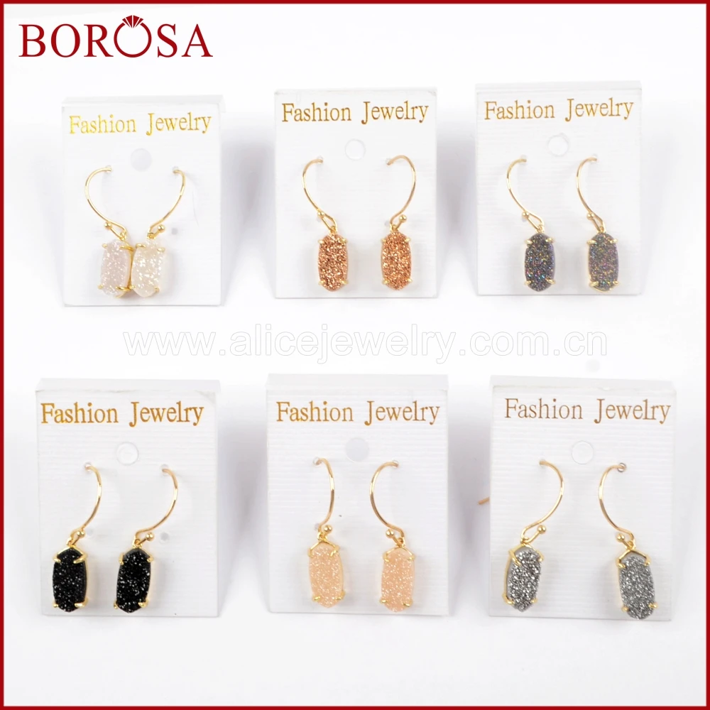 

BOROSA 5Pairs Hexagon Gold Color Natural Agates Titanium Rainbow Druzy Bezel Claw Earrings Drusy Drop Earrings for Women ZG0261