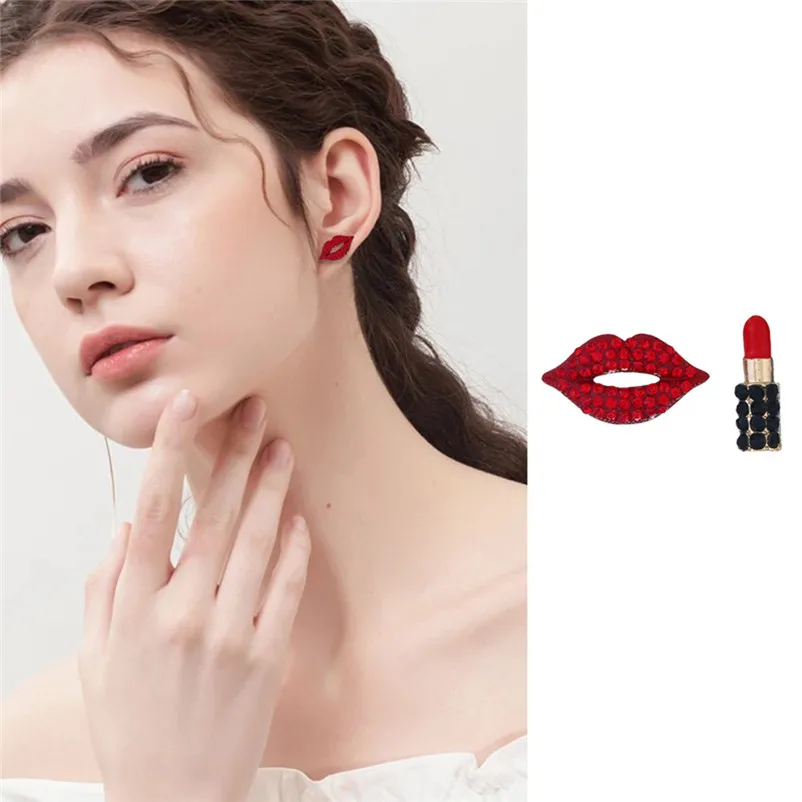 2018 Fashion earrings for women sexy red lips lipstick earrings Asymmetrical Rhinestone Jewelry Brincos Bijoux Femme J11#N (6)