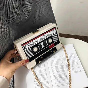 

Women Shoulder Bag New Tape Recorder Women's Bags Cute Funny Cartoon PU Leather Chain Crossbody Bag Female Day Clutches bag C309