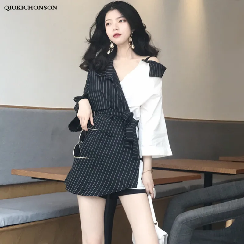 

Gothic Girls Long Shirt Women Spring Summer Tops Personality Streetwear White Black Contrast Color Patchwork Striped Shirt Tunic