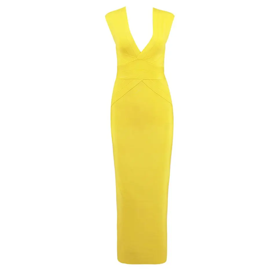 

2018 Newest Autumn Bandage Dress Women Celebrity Yellow Sleeveless Deep V Neck Sexy Party Maxi Dress Women Vestidos Wholesale