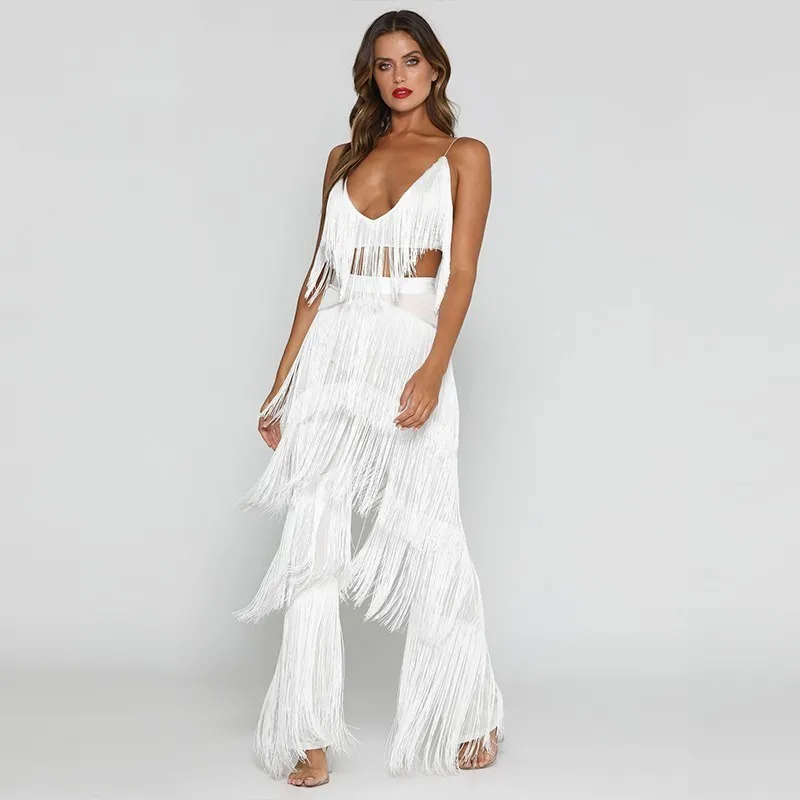 

Ceremokiss Backless V Neck Summer Two Piece Set Crop Top And Pants Sexy White Outfit Tassel Sequin 2 Piece Sets Women Coloth