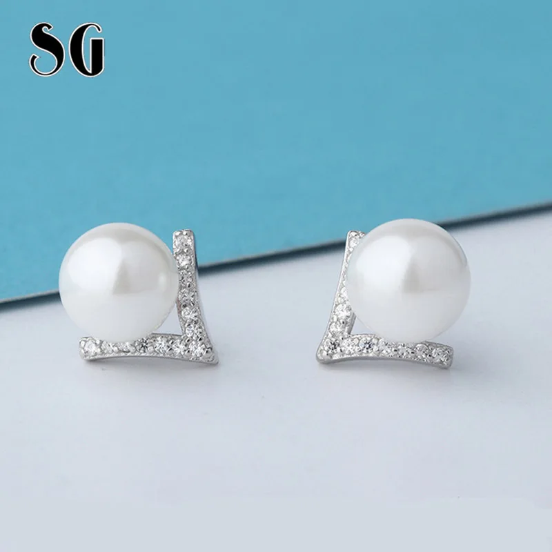 

SG 2019 new arrival 925 Sterling silver Minimalist V type white inlay pearl Stud earrings fit Fashion Jewelry for women gifts