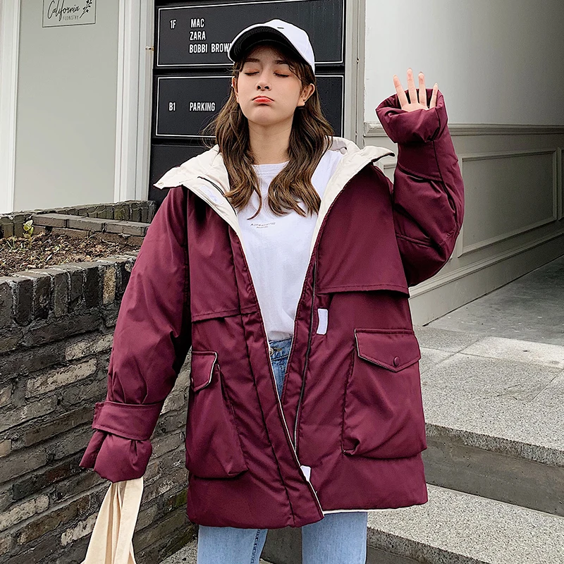 

women Short Parkas Loose Down Cotton Coats Winter Women Hooded Jackets Black Burgundy Snow Outwear