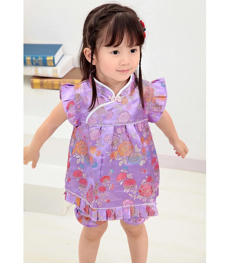 Новые летние комплекты одежды с цветочным рисунком для маленьких девочек, костюмы для младенцев, новогодние китайские топы, платья, короткие штаны, Ципао, чонсам - Цвет: PURPLE