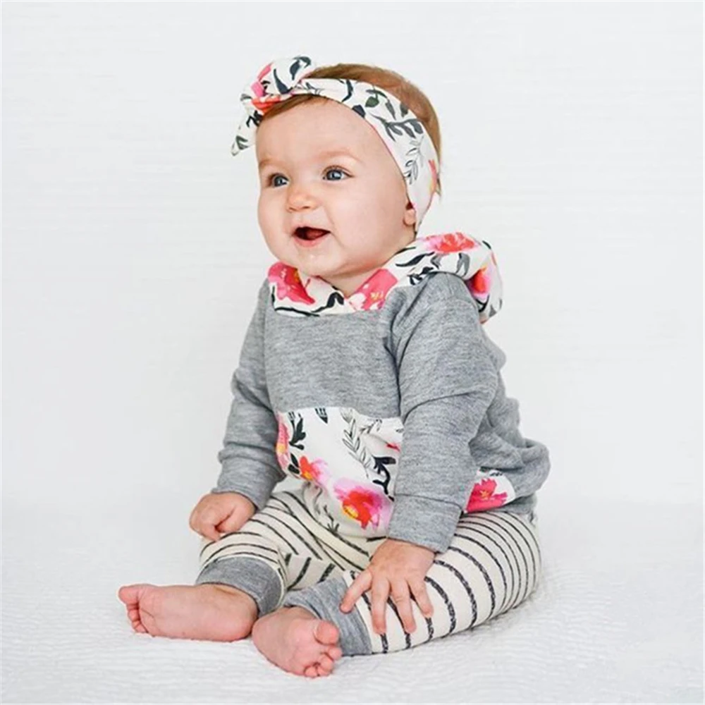 3Pcs Toddler Baby Girls Clothes Set Casual Flower Pocket Hoodie Long ...