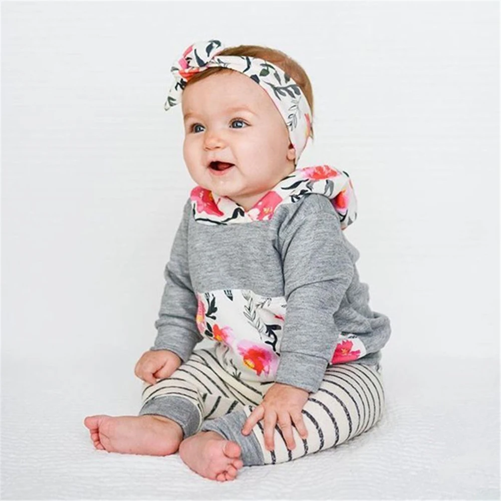 3Pcs Infant Toddler Baby Girl Clothes Long Sleeve Hoodie with Pocket Tops Floral Pants Outfits Set with Headband