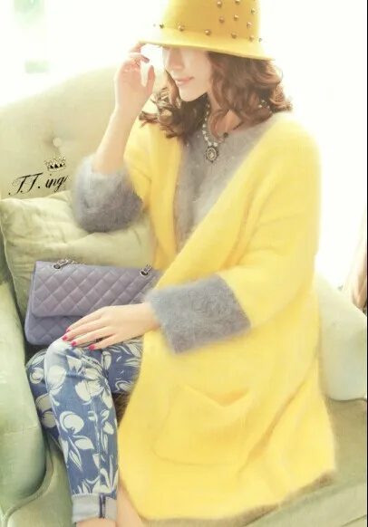 T Шоу-стиль из натуральной норки кашемировый свитер женские длинный кашемировый кардиган чистый кашемировый свитер норки меха S73 - Цвет: yellow gray