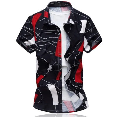 Летняя мужская повседневная полосатая рубашка с коротким рукавом, высокое качество, хлопок и шелк, мужская рубашка, полный размер, M-7XL - Цвет: Черный