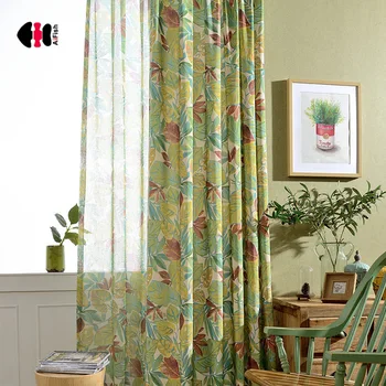 

Modern Simple Banana Leaf Printing Curtains Polyester Cotton Chinese Rustic Bedroom Wedding French Window Cortina Blinds WP093C