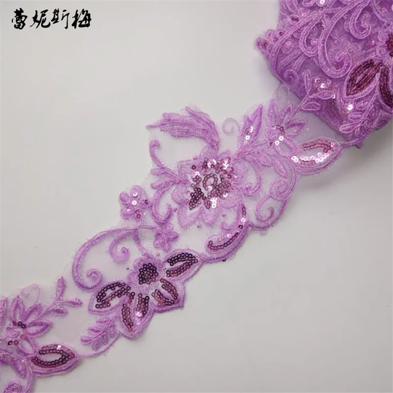 

Delicate 9yards Purple Glitter Wedding Dress Cording Lace Applique Thread Embroidery Lace Accessories Trim 23cm LW0312