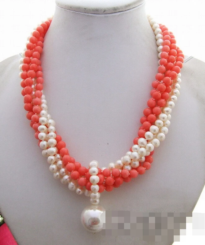 

1163 6Strads Pearl&Coral&Sea Shell Pearl Necklace